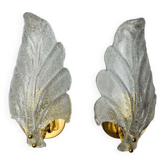 Pair of frosted leaf sconces, murano glass, italy, 1970