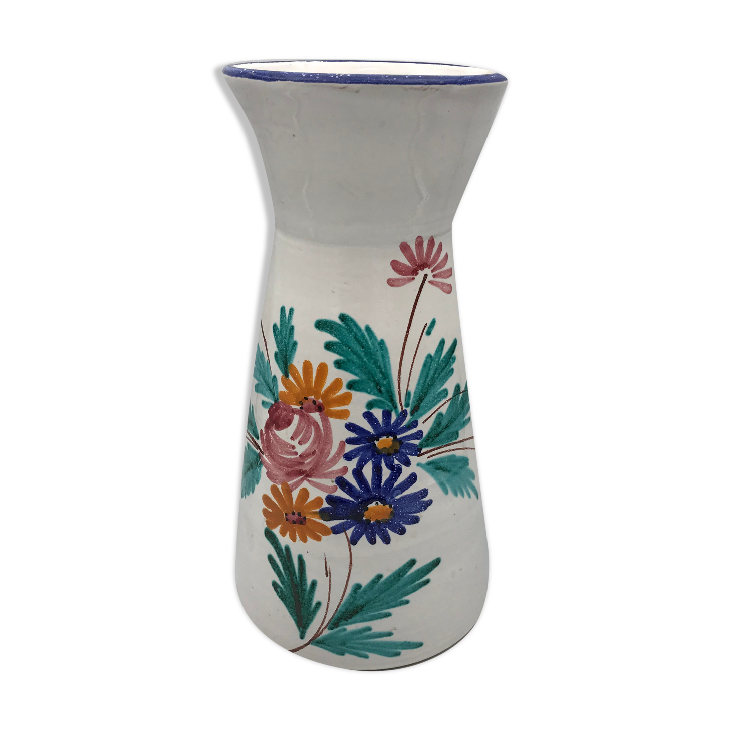 Vintage ceramic vase signed with polychrome flower decoration 25 cm