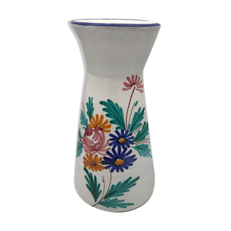 Vase vintage en céramique signé à décor de fleurs polychrome 25 cm