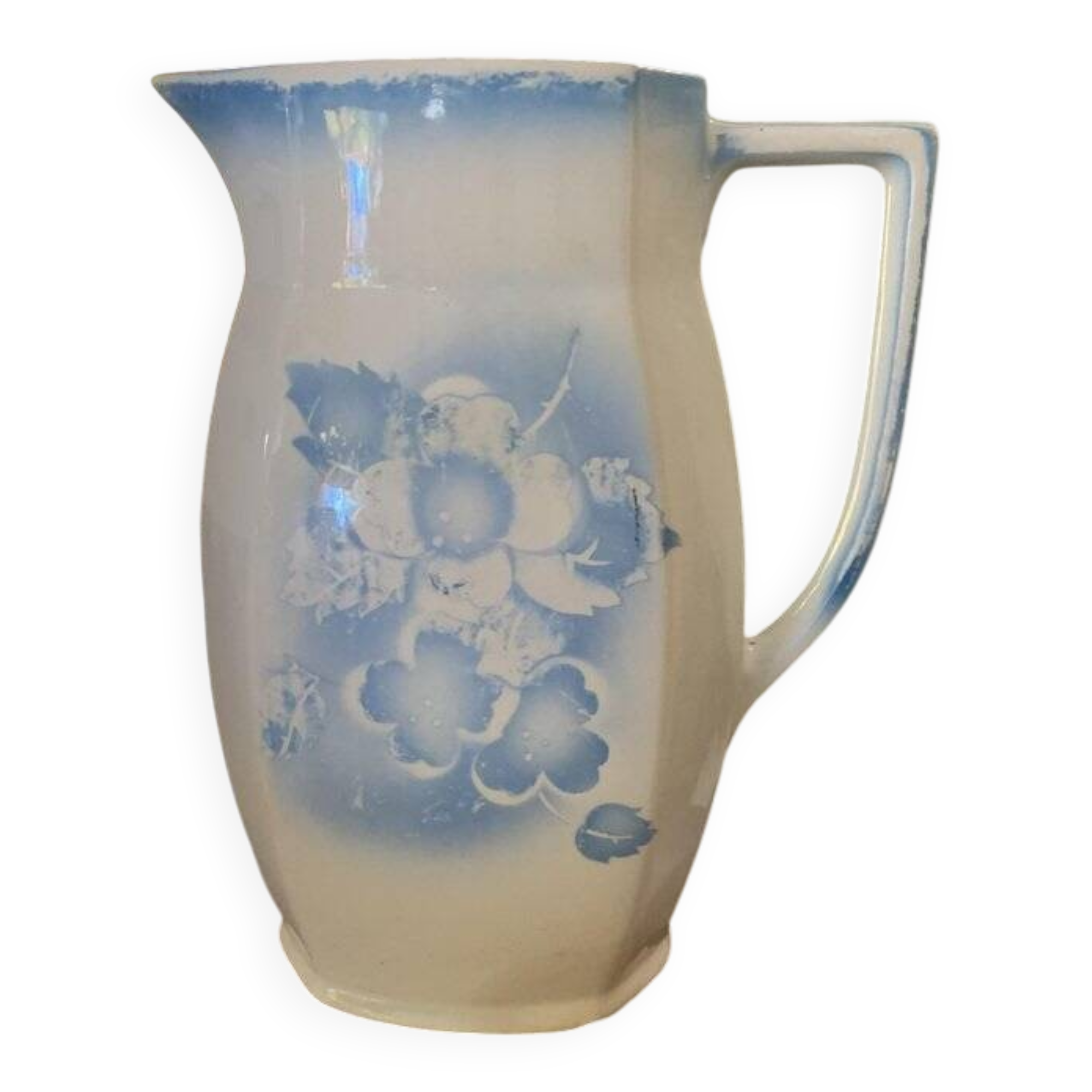 Vintage ceramic pitcher in white and blue from Gránitgyár Budapest, 1960s — floral halo pattern, square handle.