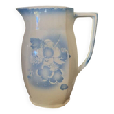 Vintage ceramic pitcher in white and blue from Gránitgyár Budapest, 1960s — floral halo pattern, square handle.
