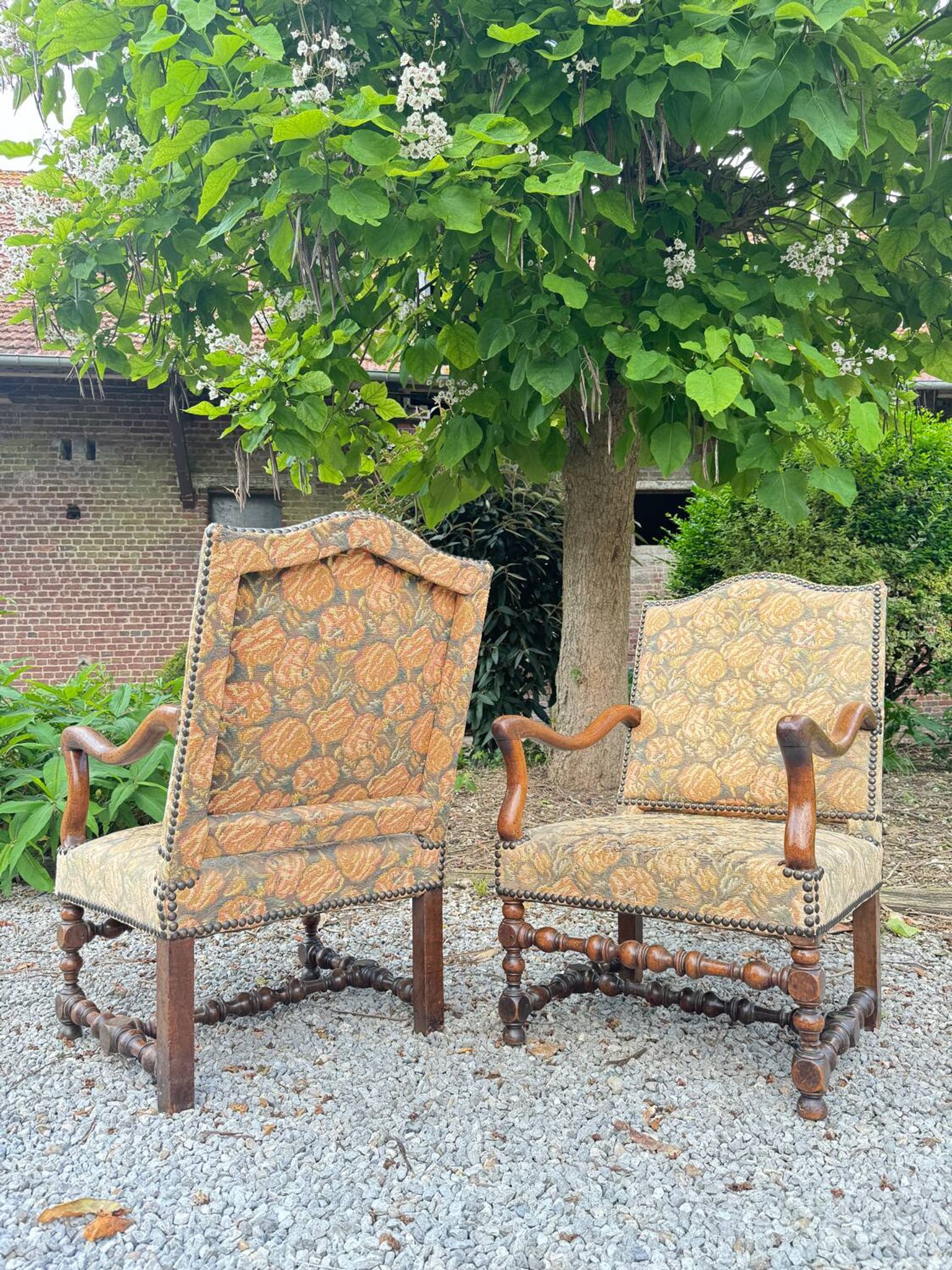 Pair of louis xiv period walnut armchairs, 17th century
