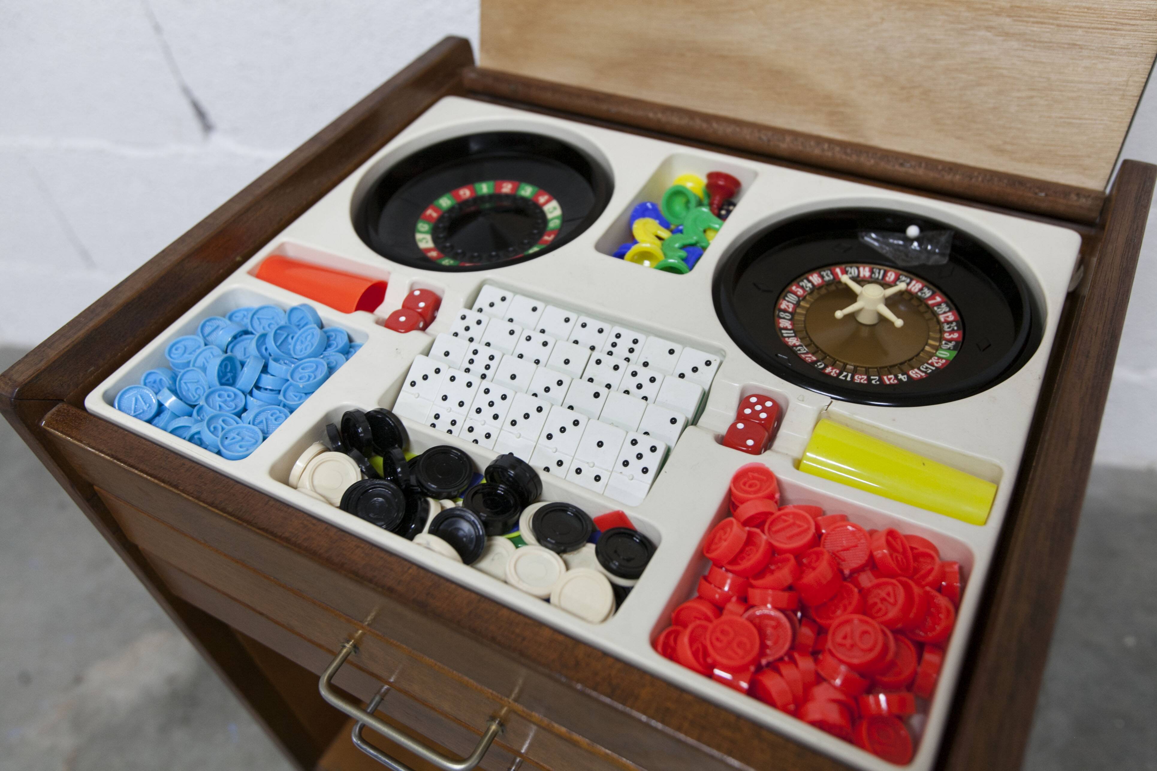 Unique 1960s bedside table with 15 complete games, compass legs, 1960s