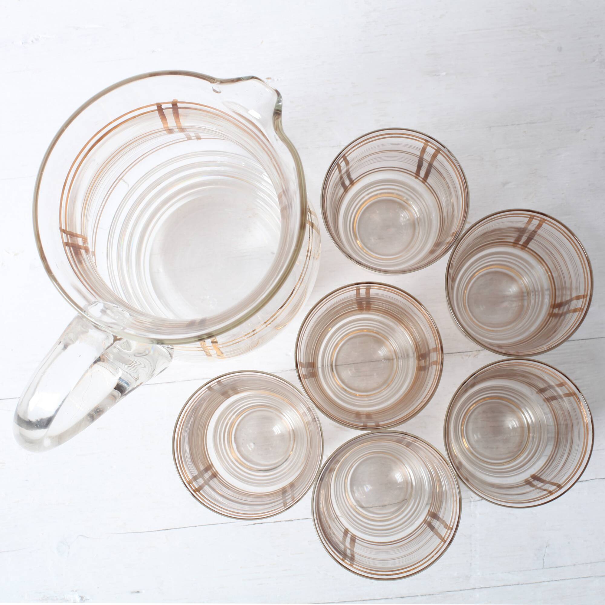 Mid-Century Italian Glass Pitcher & Six Glasses with Golden Details / Italy