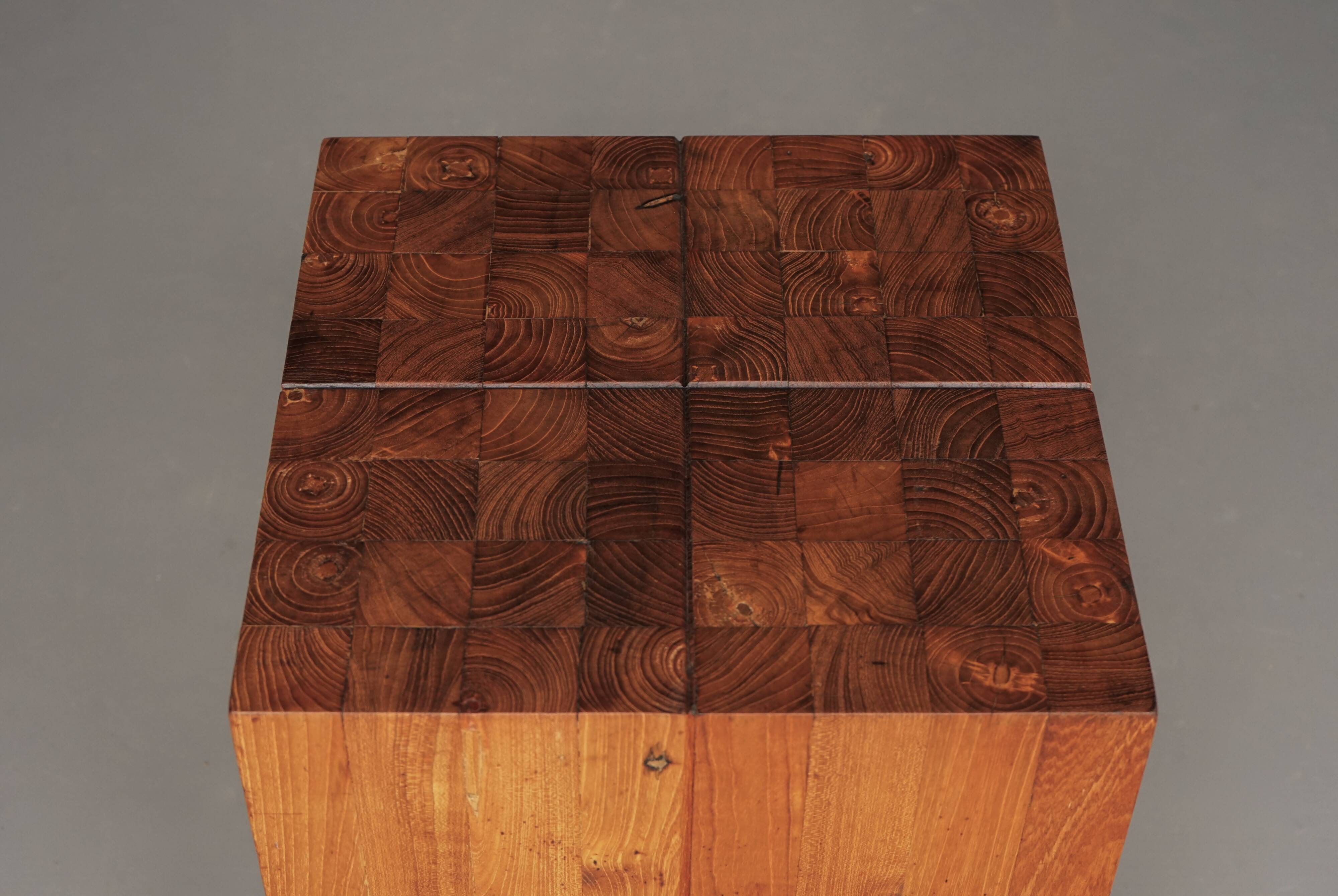 Brutalist solid Teak wood Stool or Side Table. 1990s