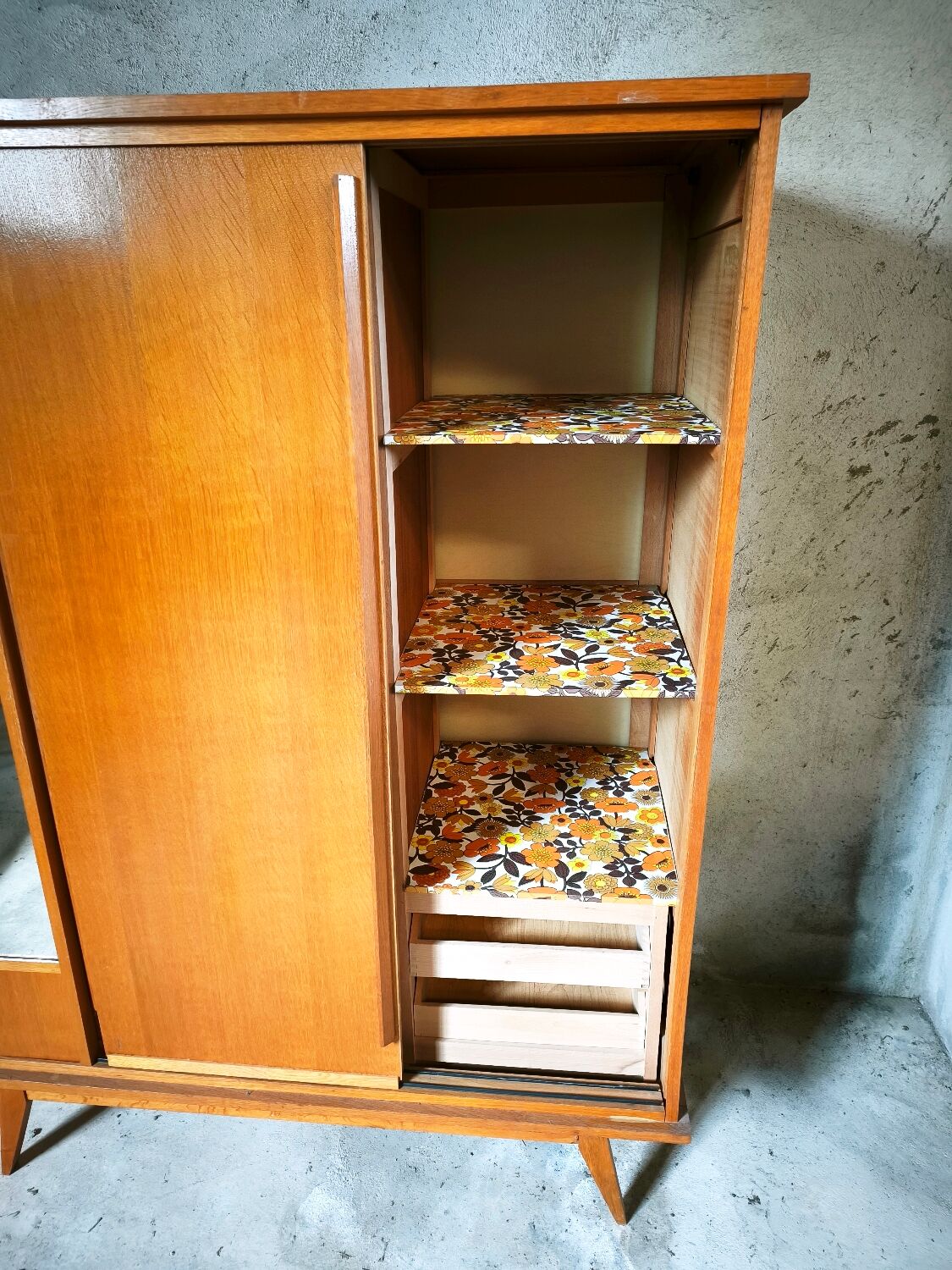 Vintage Scandinavian wardrobe, tapered legs, sliding door.