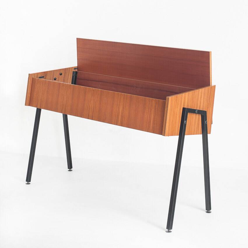 Vintage teak and lacquered iron console table. Scandinavian style. France, 1960s