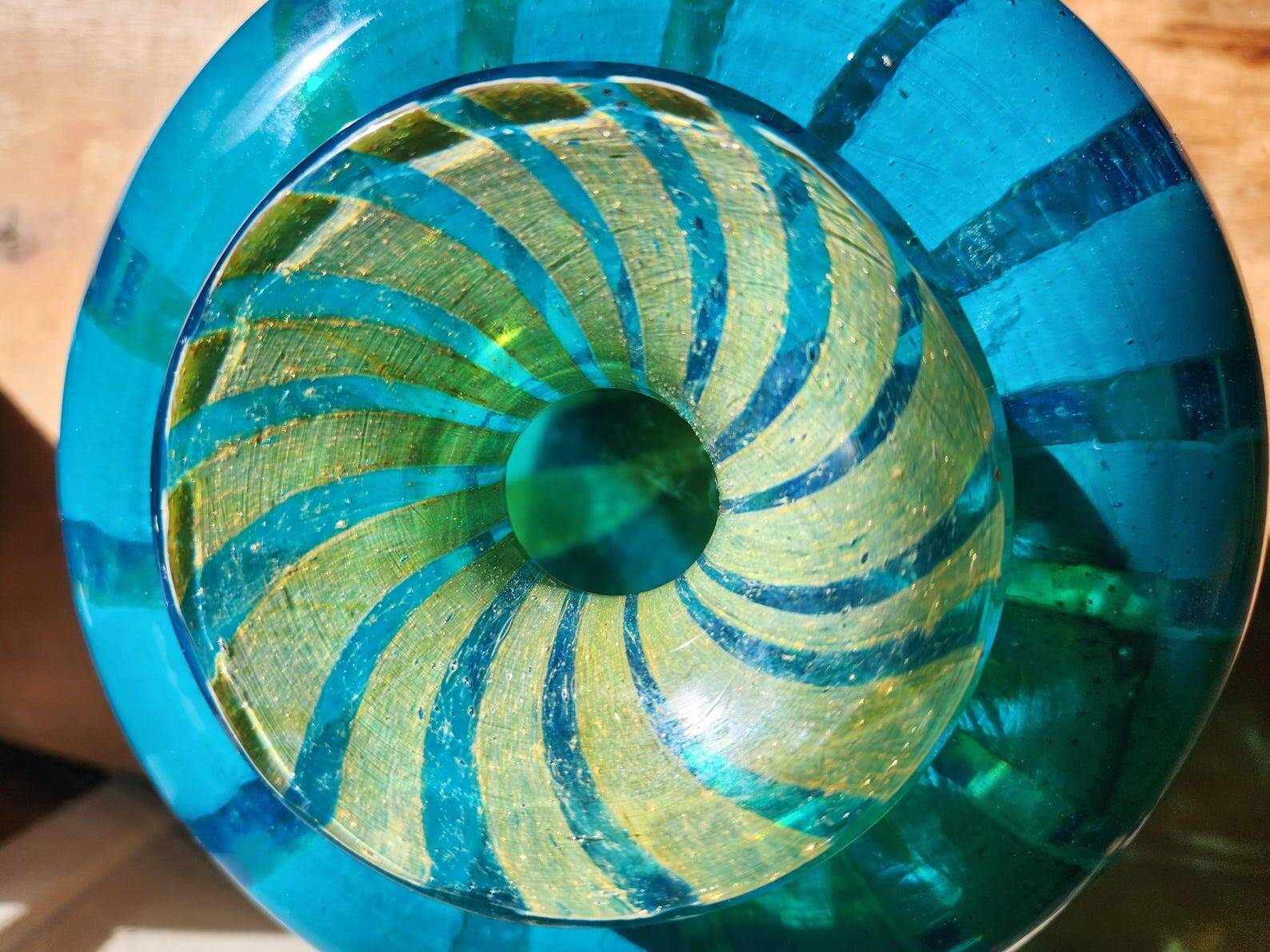 Vintage 1976 Mdina Glass Ming Bulbous Vase Blue and Yellow Swirl Hand Blown