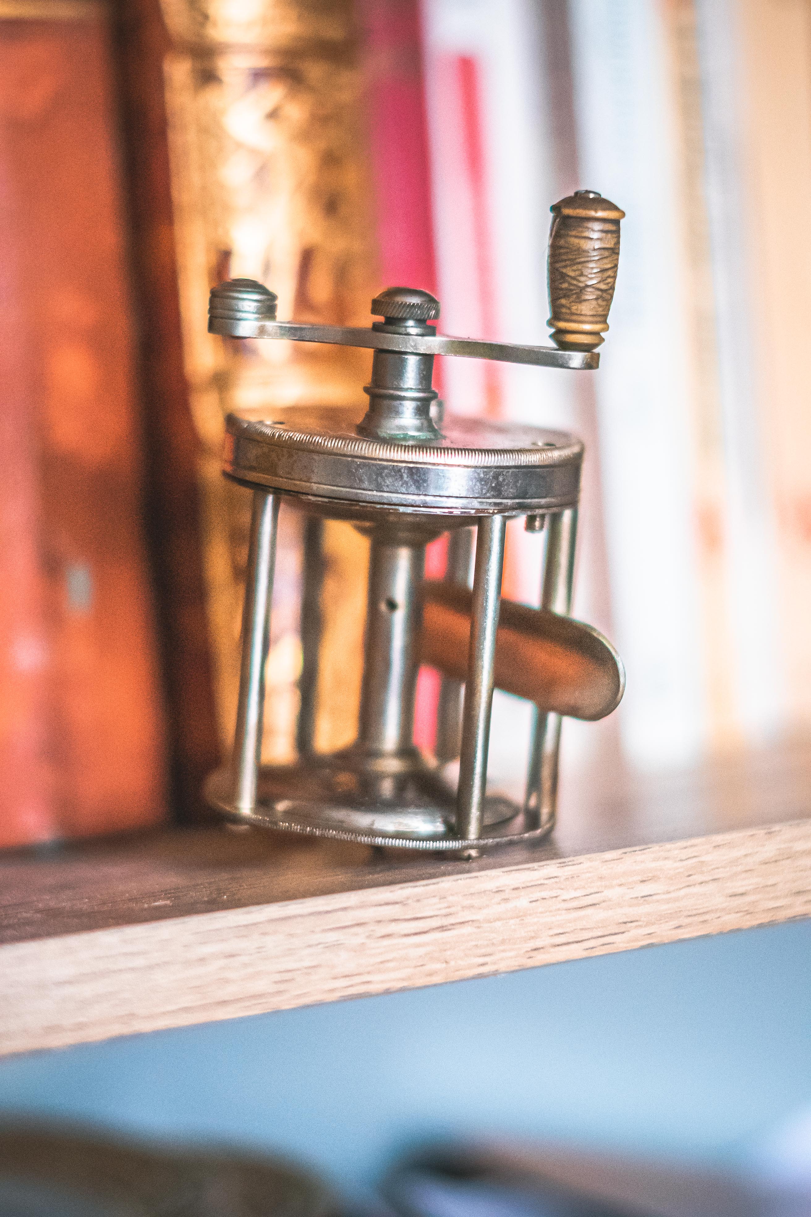 Old little fishing rod reel presto with bone handle fisherman collection