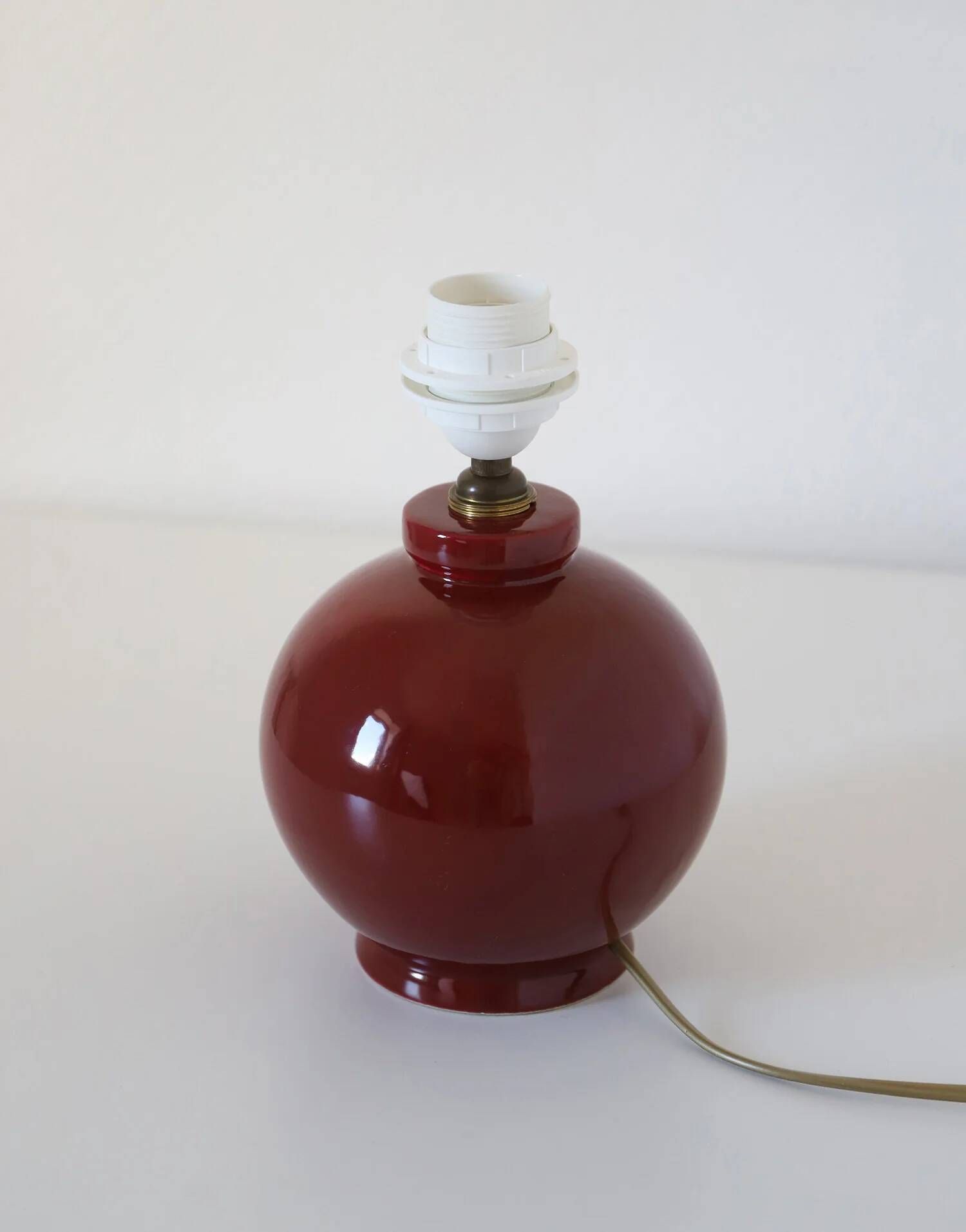 Recycled vintage lamp — burgundy ceramic base, floral voile shade