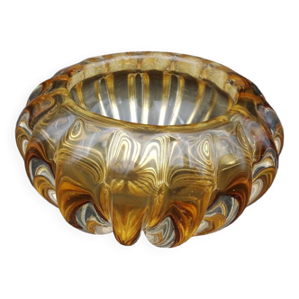 Cup Blown Murano Glass Barovier Toso ribbed amber colored inclusions