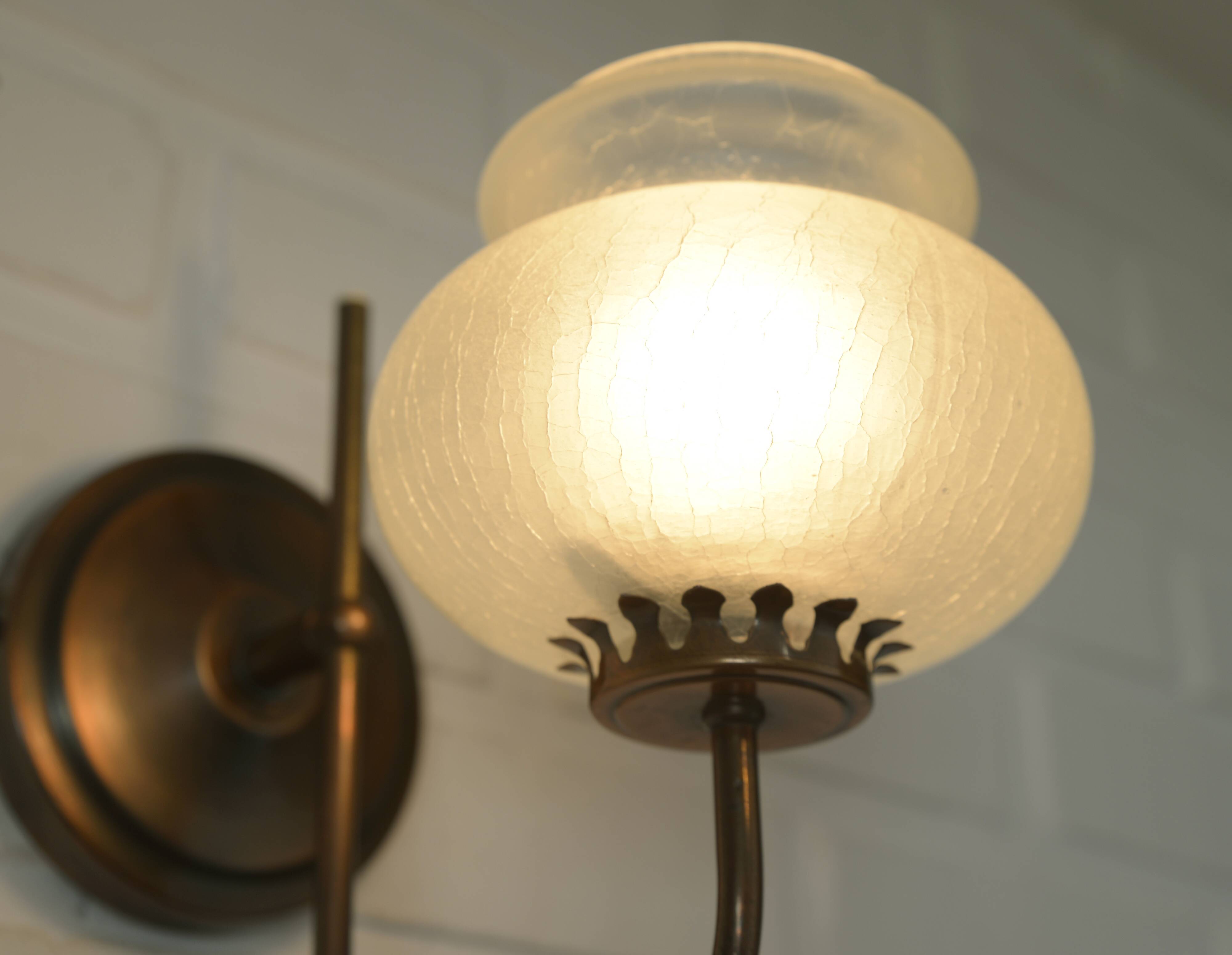 Vintage wall lamps / set of 3 / copper and ice glass rustic sconces