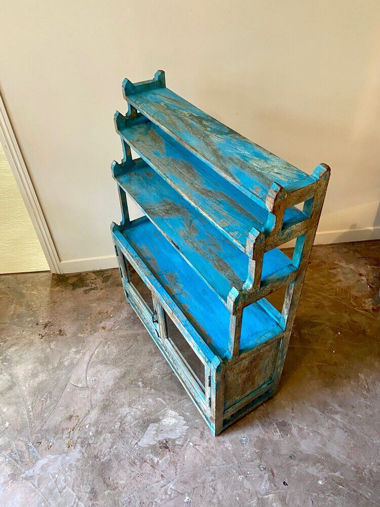Sideboard 4 shelves and 2 glass doors in blue wood