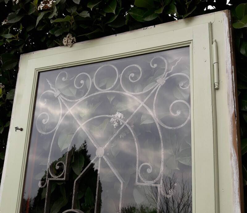 Window frame 179x88cm walnut oak wrought iron grille opening glass panel