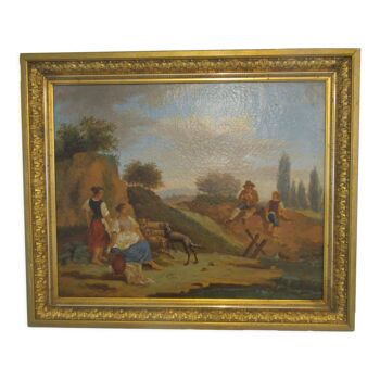 Tableau huile scène de campagne animée fin XVIIIéme siècle