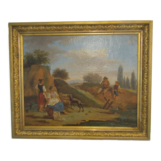 Tableau huile scène de campagne animée fin XVIIIéme siècle