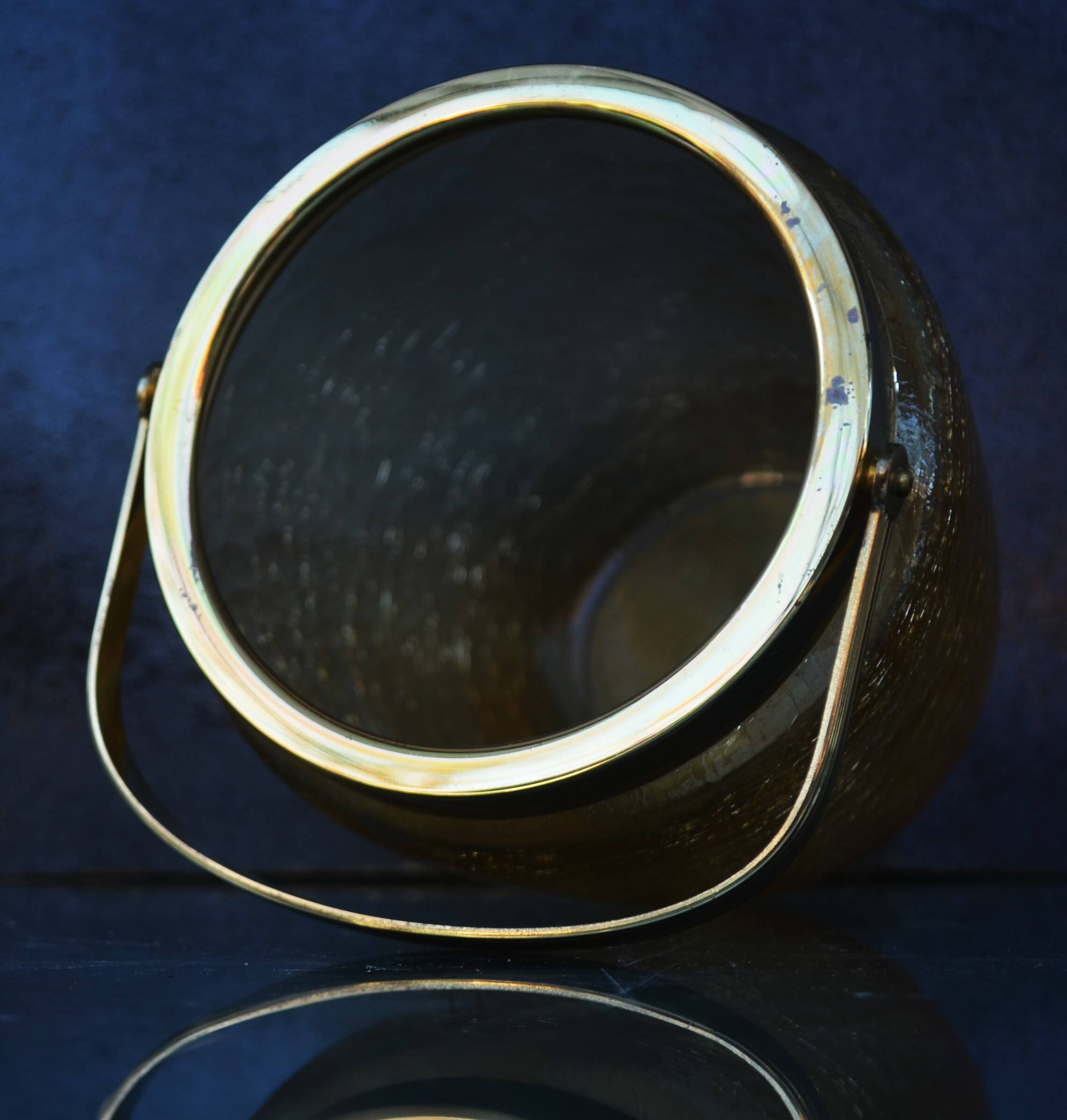 Mid Century Crackle Amber Glass Ice Bucket WMF With Ratan Handle