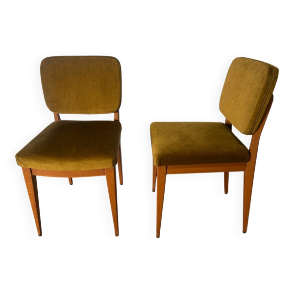 Paire de chaises vintage années 60 – velours moutarde et pieds compas