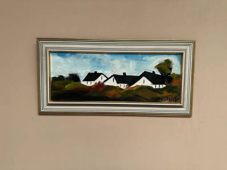 Original Swedish Oil on Panel – “Landscape with Farm” by Louis Zelig – Signed – Vintage & Framed – 78 × 39 cm (30.7" × 15.4")