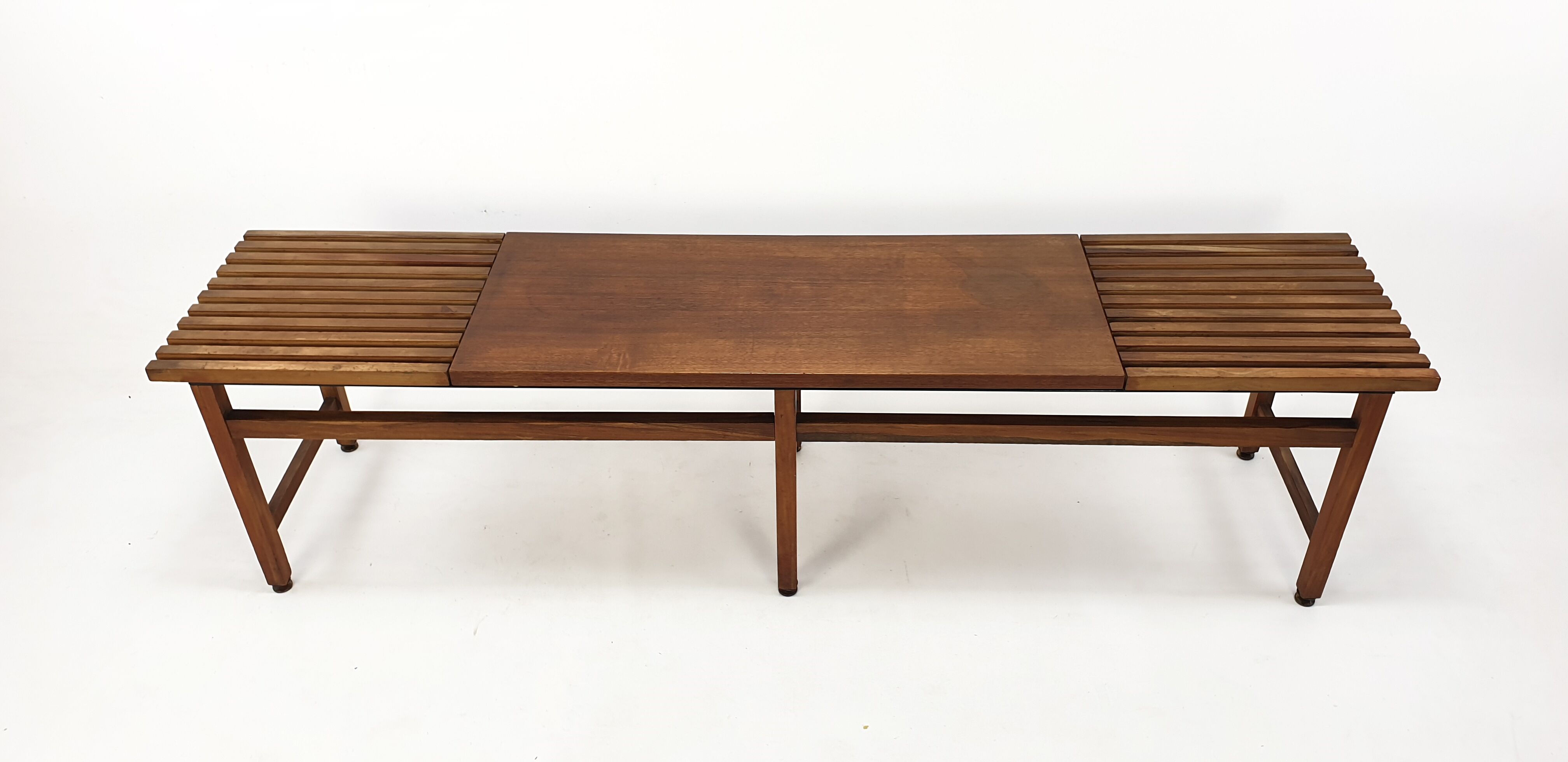 Bench in walnut and teak with brass feet, italy 1950s