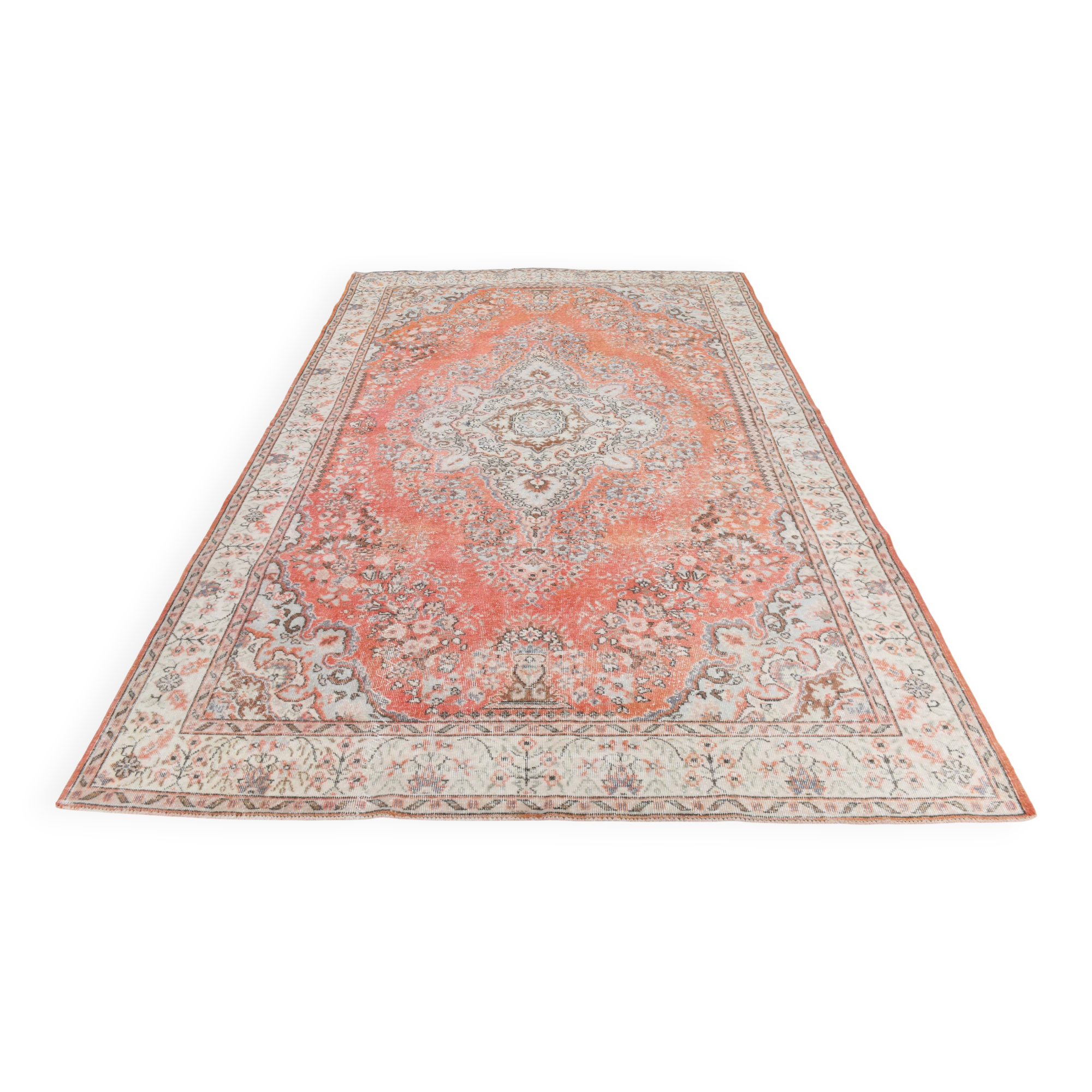 Tapis vintage anatolien tissé à la main en rose saumon, 206x392 cm