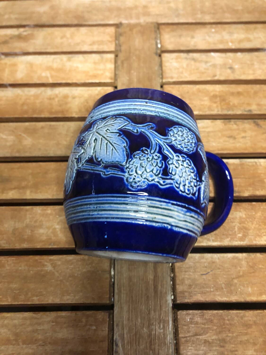 Old BETSCHDORF Tankard Gray Blue Stoneware Vintage Leaves Decor #A603