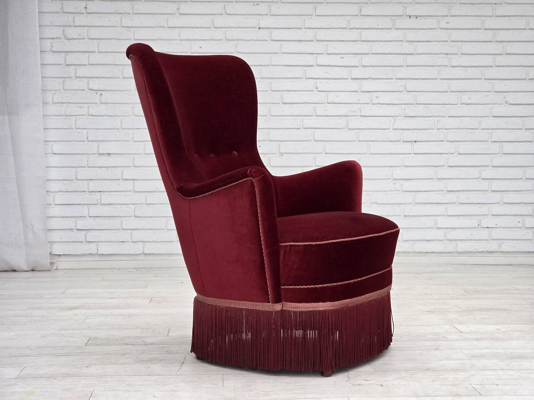 1970s, Danish armchair, cherry-red furniture velour, ash wood legs.