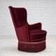 1970s, Danish armchair, cherry-red furniture velour, ash wood legs.