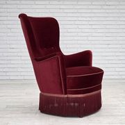 1970s, Danish armchair, cherry-red furniture velour, ash wood legs.