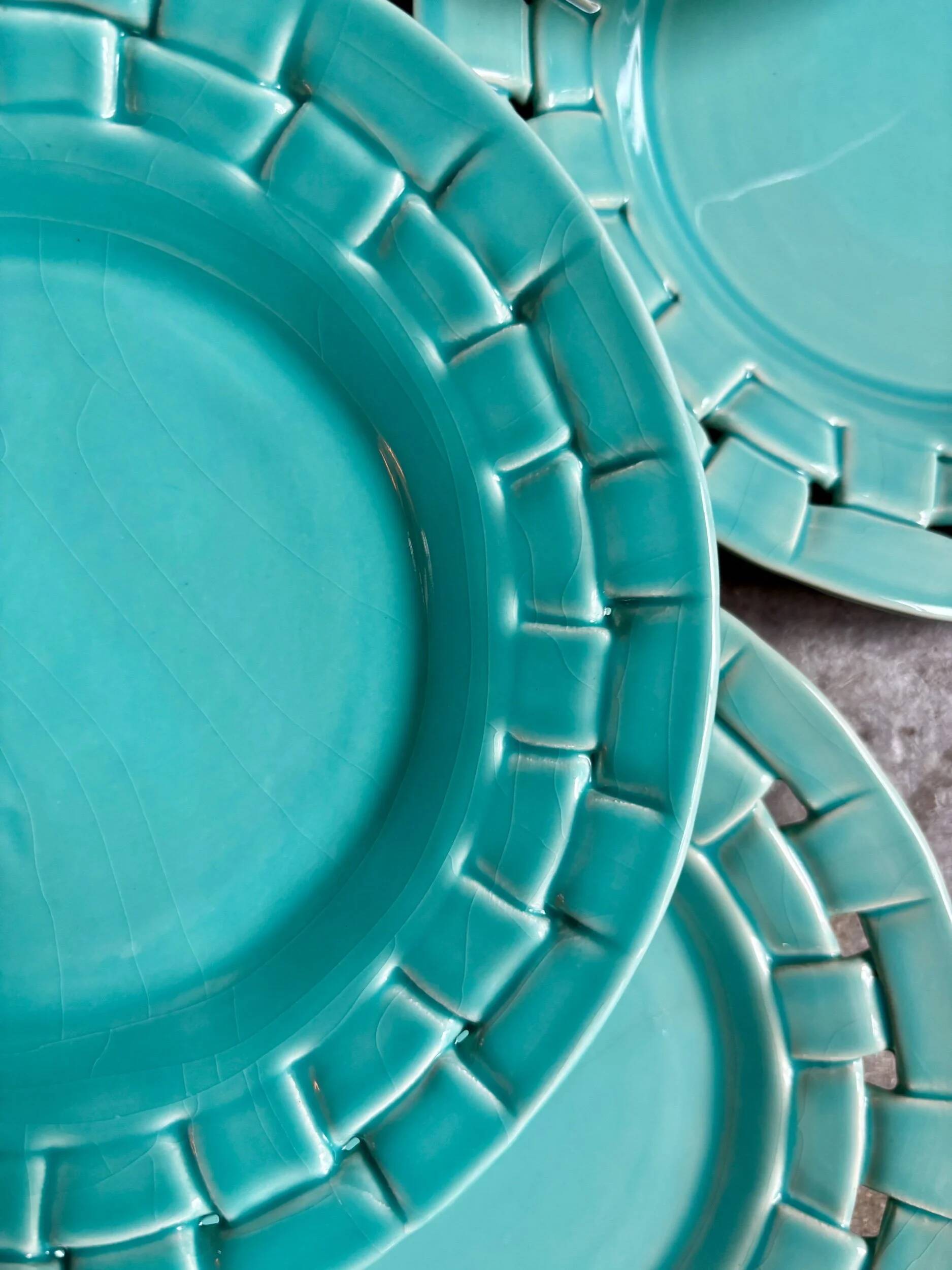6 turquoise woven ceramic dessert plates