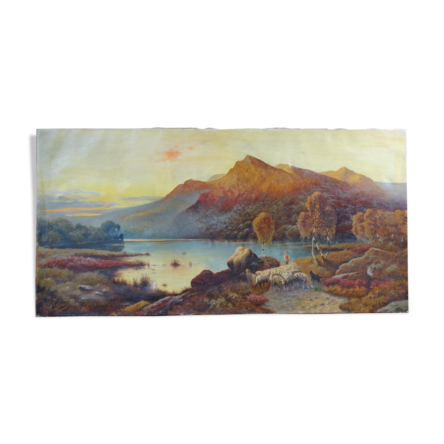 Oil on canvas Animated landscape by the lake at dusk 120 x 60 cm signed Rogiez