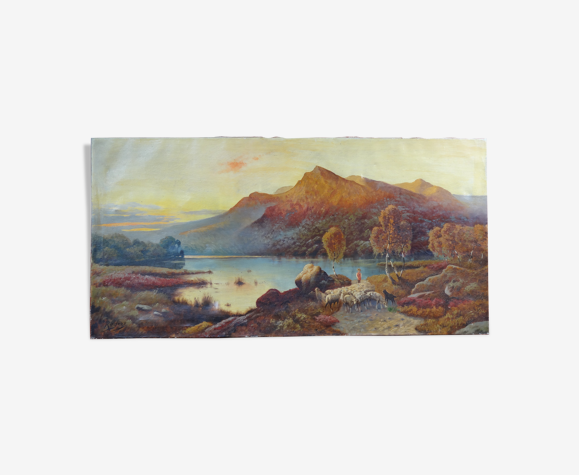 Huile sur toile Paysage animé bord de lac au crépuscule 120 x 60 cm signé Rogiez