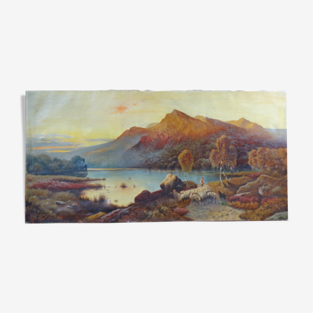 Oil on canvas Animated landscape by the lake at dusk 120 x 60 cm signed Rogiez