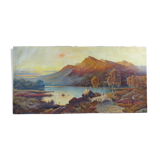 Oil on canvas Animated landscape by the lake at dusk 120 x 60 cm signed Rogiez