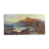 Oil on canvas Animated landscape by the lake at dusk 120 x 60 cm signed Rogiez