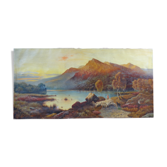 Oil on canvas Animated landscape by the lake at dusk 120 x 60 cm signed Rogiez
