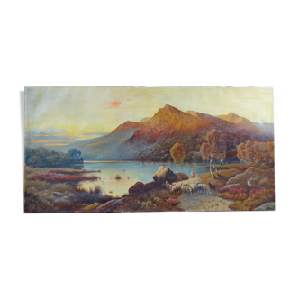 Huile sur toile Paysage animé bord de lac au crépuscule 120 x 60 cm signé Rogiez