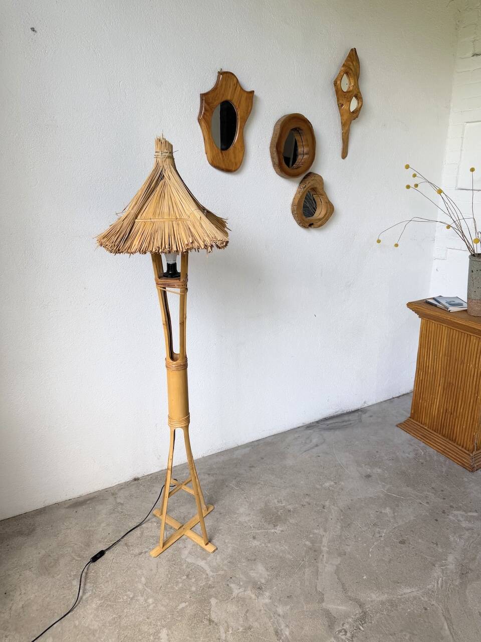 Bamboo and straw floor lamp 1980
