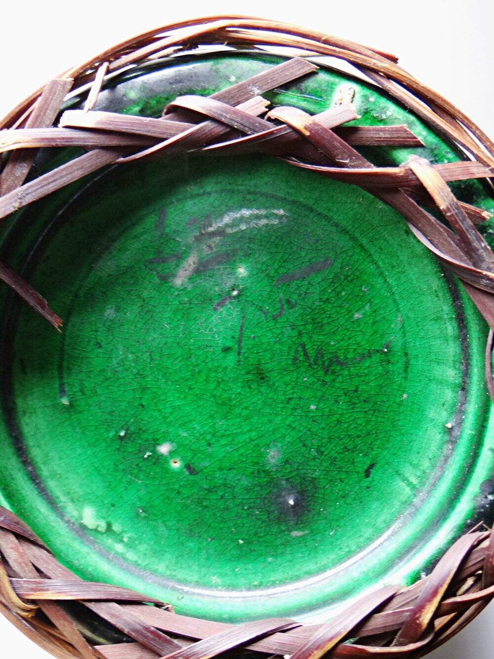 Antique Japanese green ceramic vase with Awaji Yaki bamboo lacing, 1900-1930
