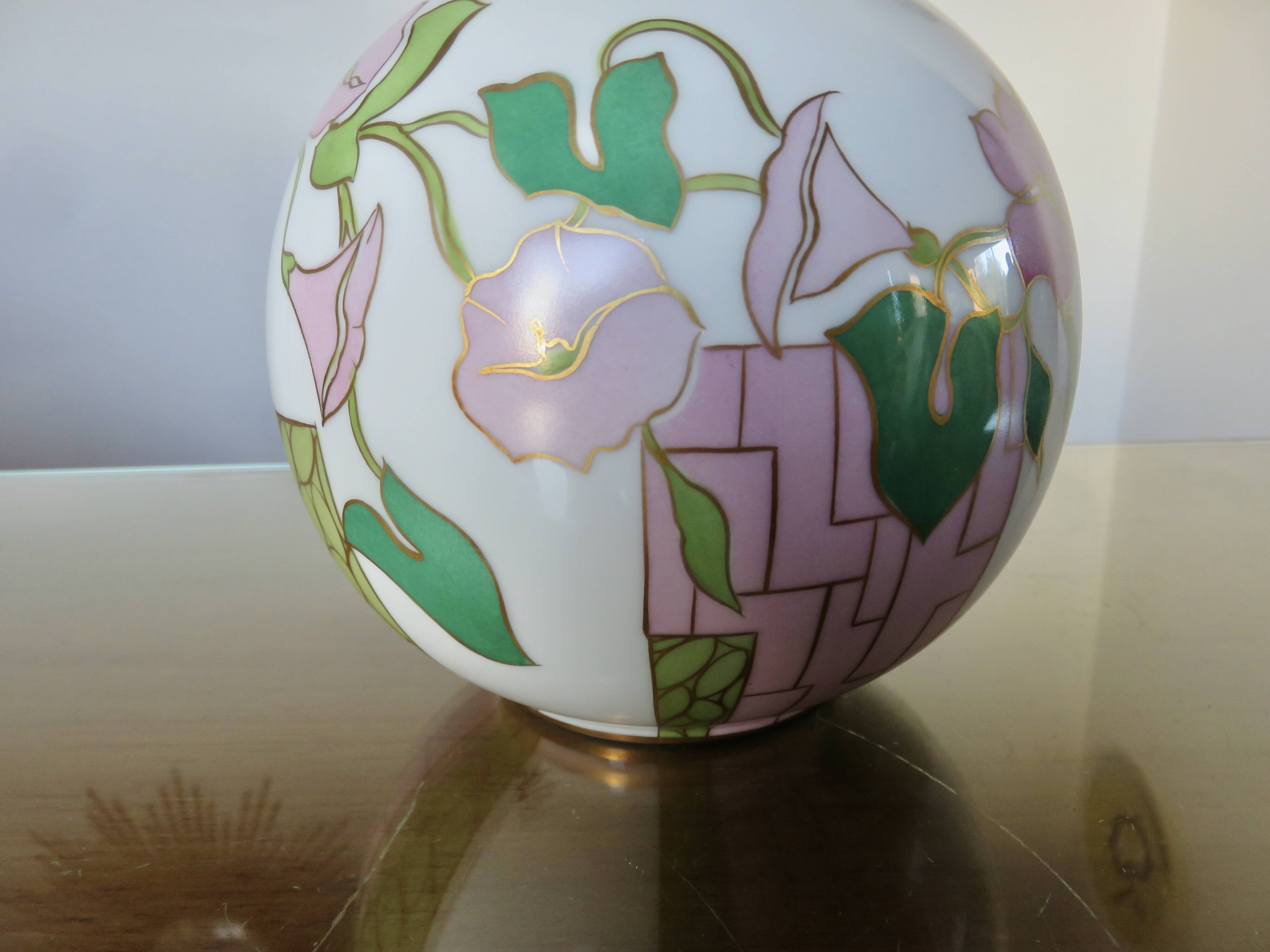 Ceramic ball lamp, with floral decoration, 70s, signed