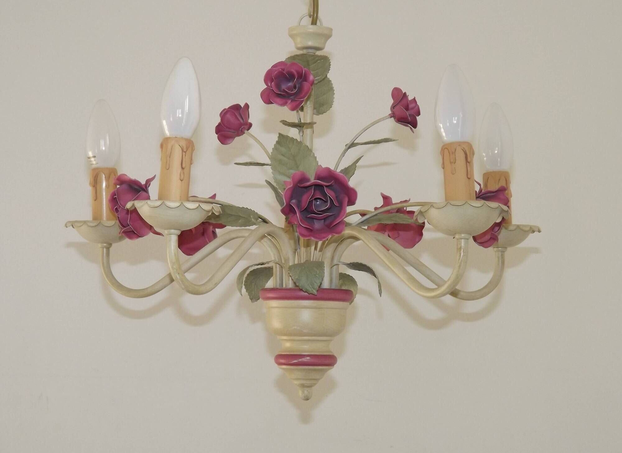 French vintage metal deep pink rose and green leaf 5-light chandelier