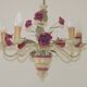 French vintage metal deep pink rose and green leaf 5-light chandelier