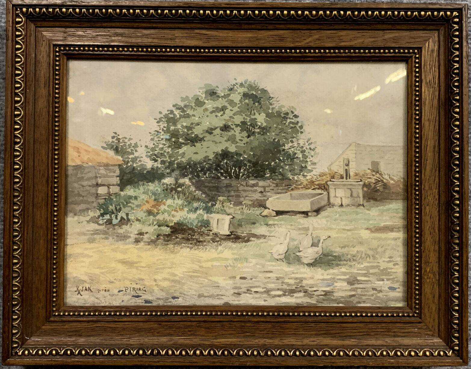 French School around 1900: pretty watercolor signed KX JAN "the meadows with the geese"