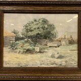 French School around 1900: pretty watercolor signed KX JAN "the meadows with the geese"