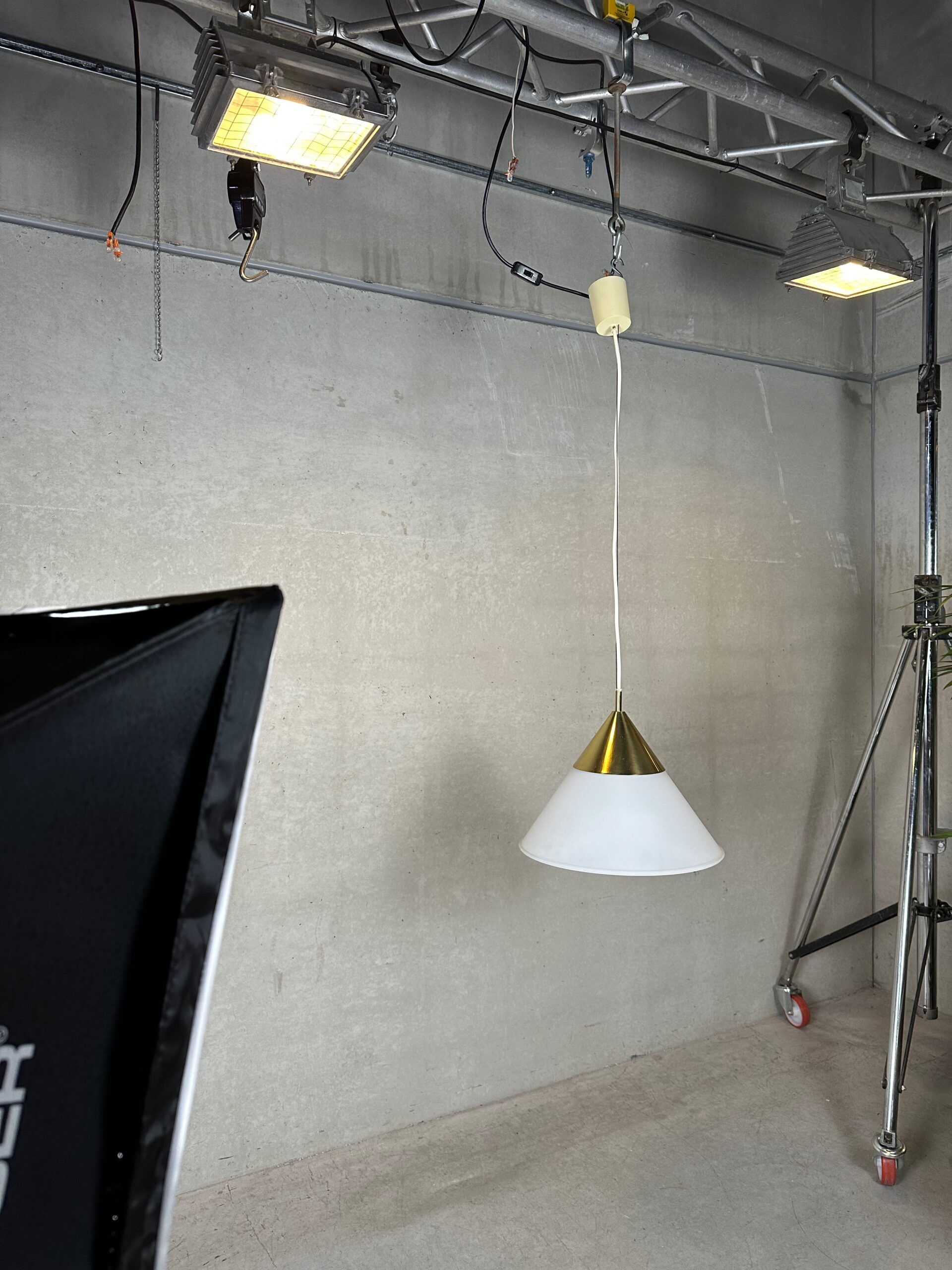 Vintage Glashütte Limburg pendant lamp – opaline and brass
