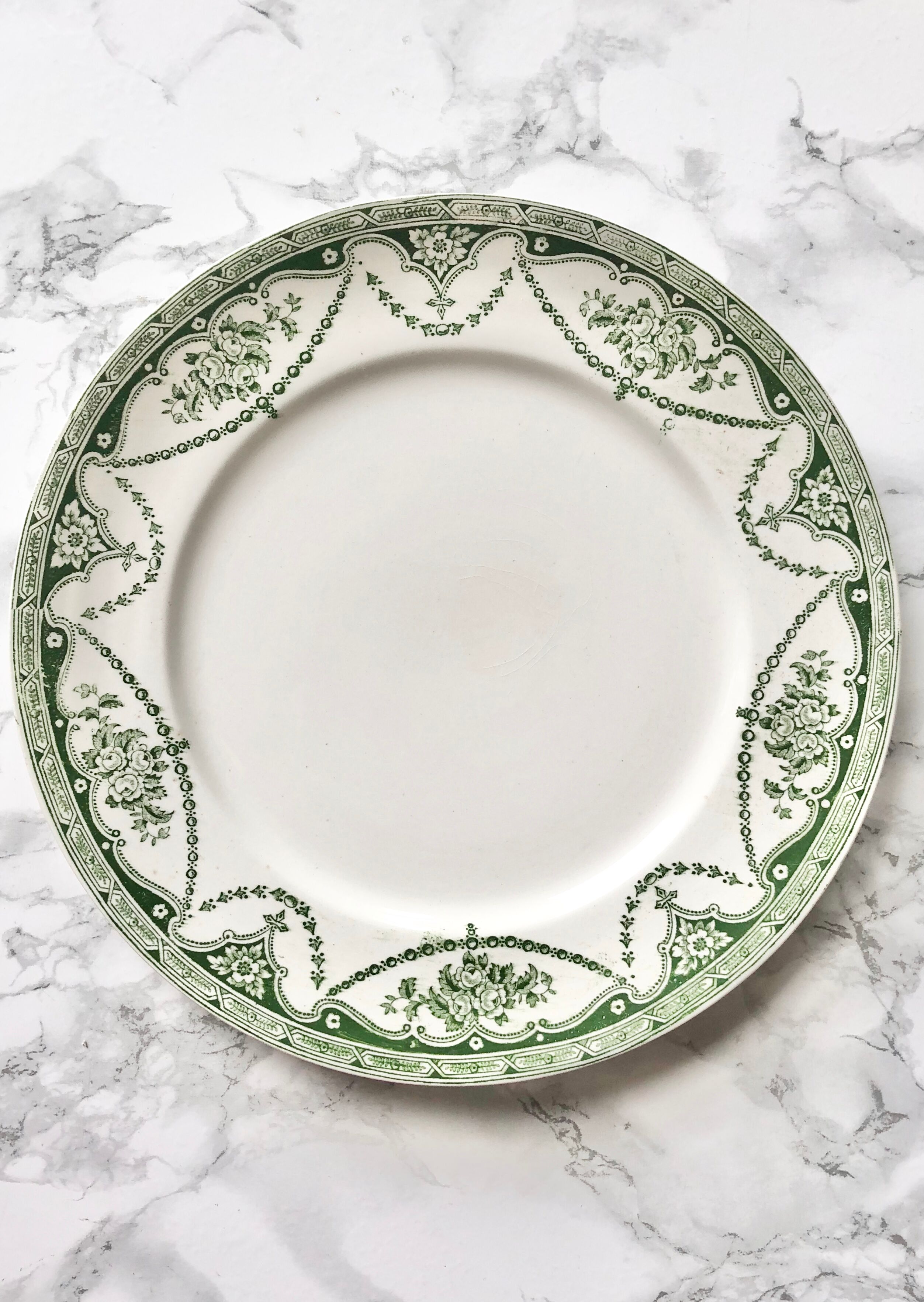 Pair of old English plates with green printed decoration, Universal English Manufacture