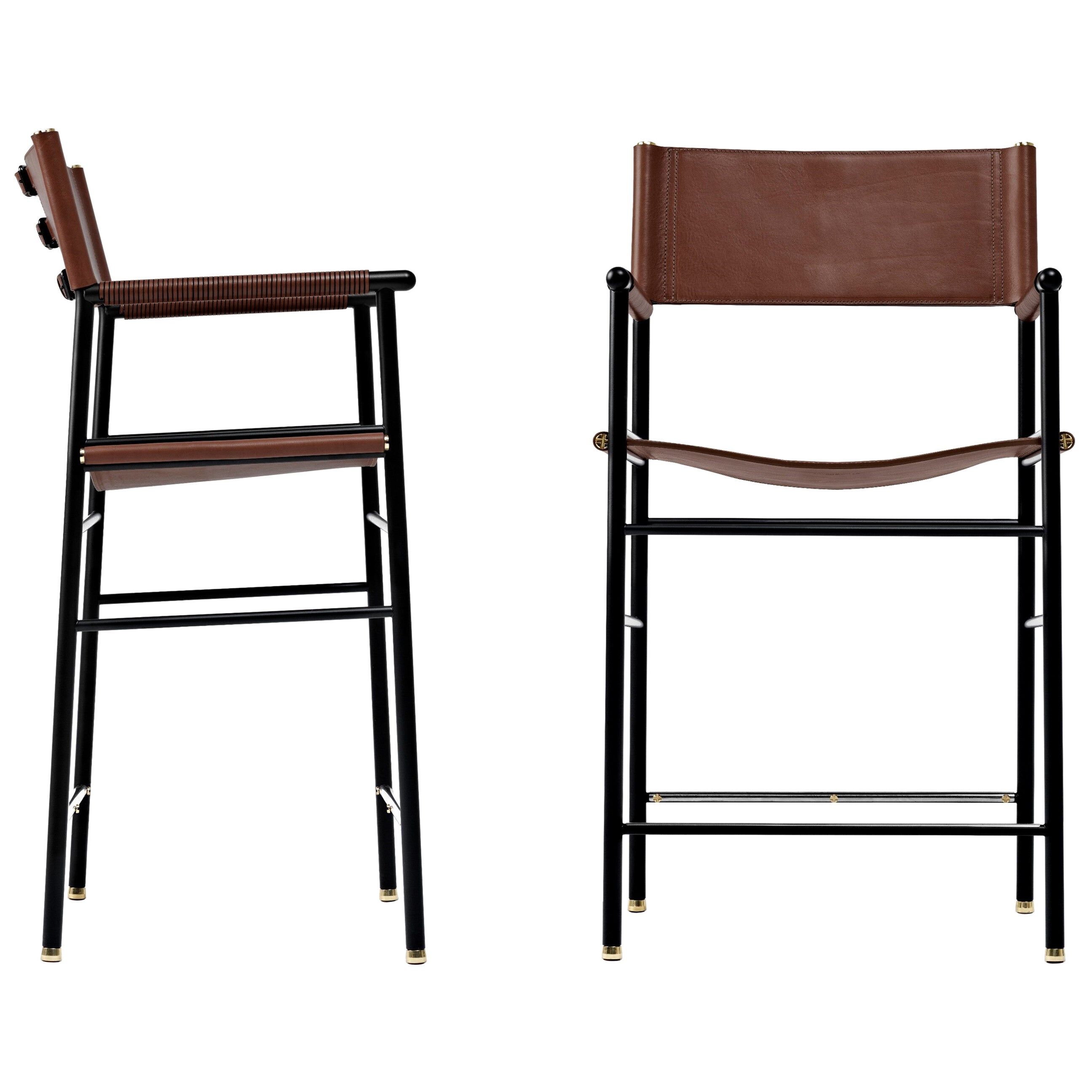 Par Taburete de Bar Classique Contemporain en Cuir Coñac avec Structure en Caoutchouc Noir