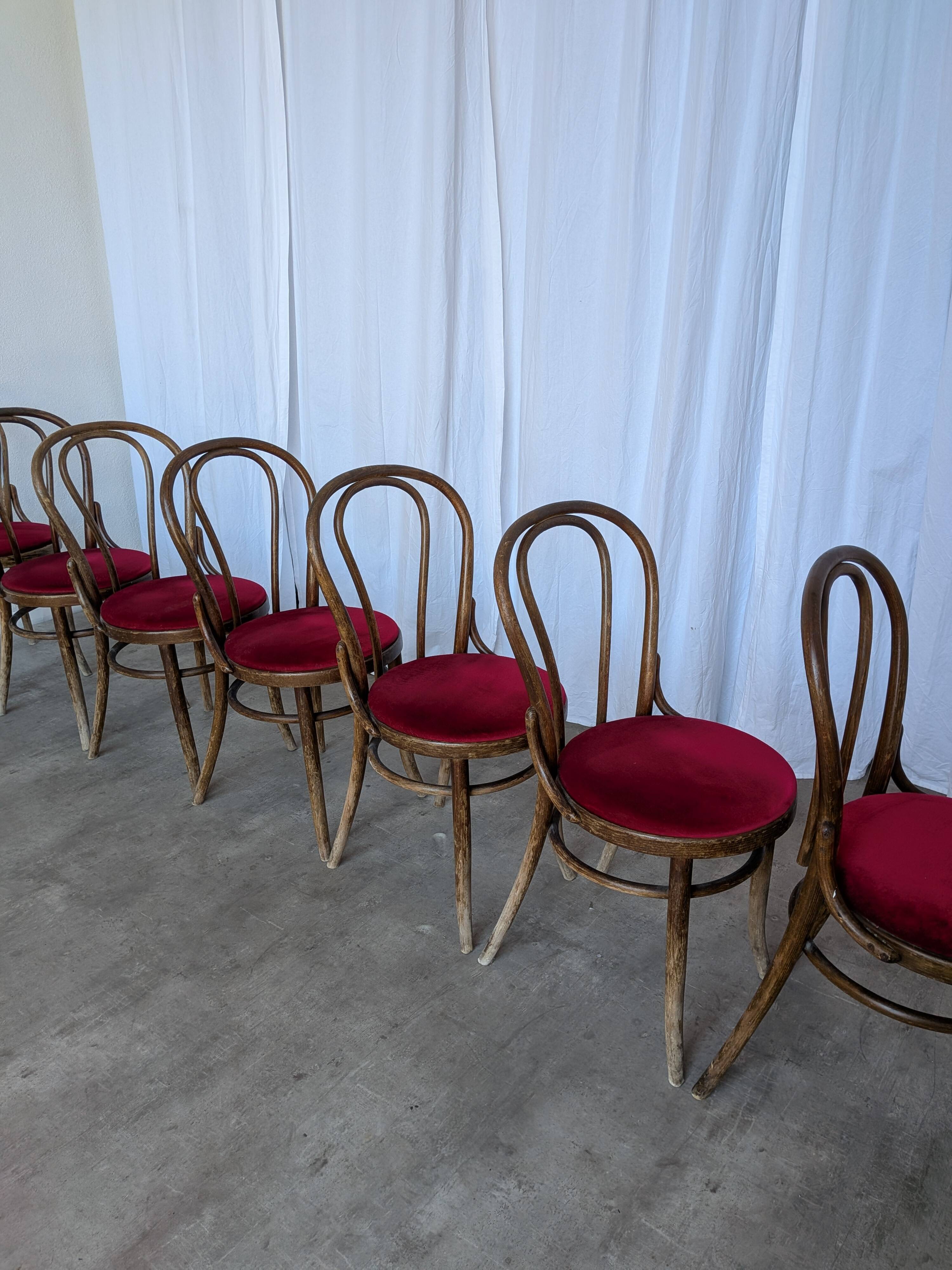 Set of 8 Vintage Bentwood Bistro Chairs: Red Upholstery