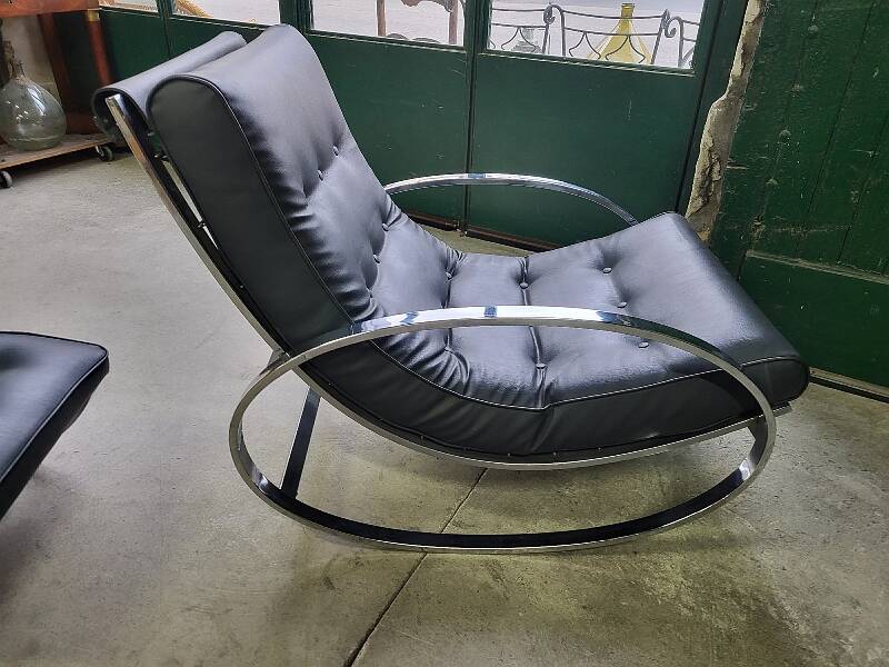 19th century rocking chair + footrest in skyl and chrome metal