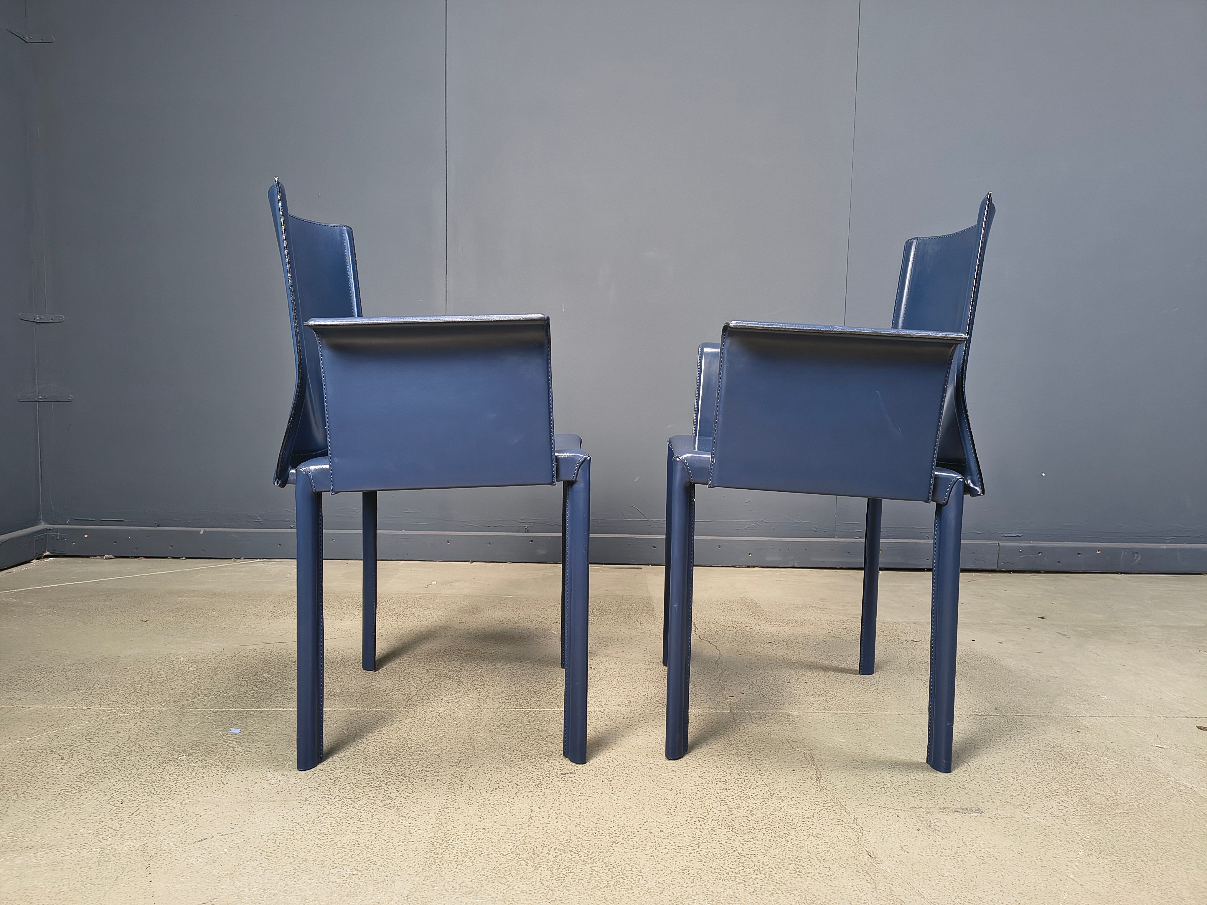 Postmodern blue leather dining chairs Italy, 1980s set of 8